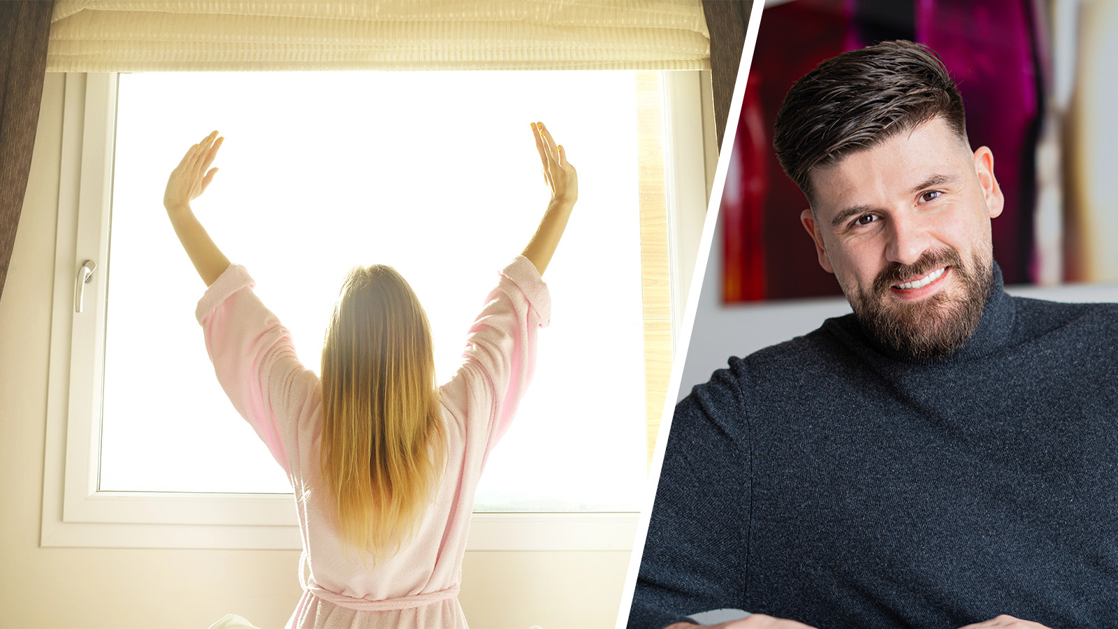Splitbild. Frau öffnet Fenster (links) Jan Radtke (rechts)